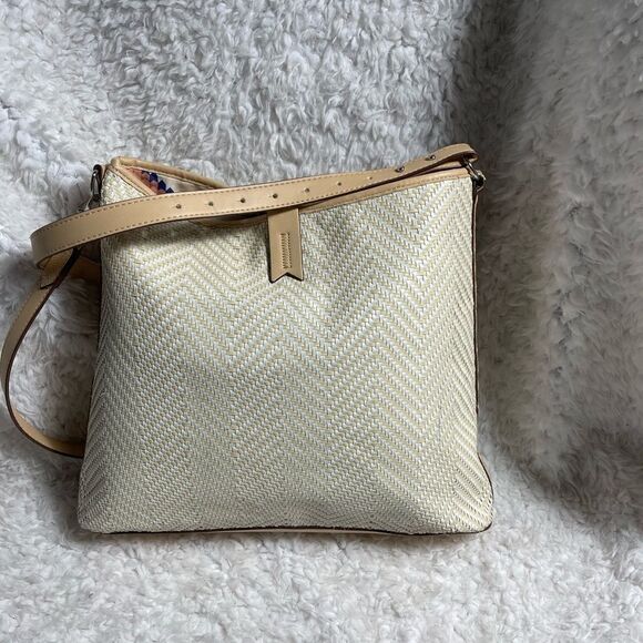 Stella & dot Rattan woven beige large shoulder bag with cream trim and strap - Picture 2 of 11